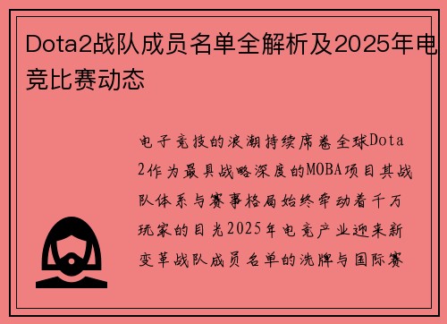 Dota2战队成员名单全解析及2025年电竞比赛动态