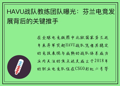 HAVU战队教练团队曝光：芬兰电竞发展背后的关键推手