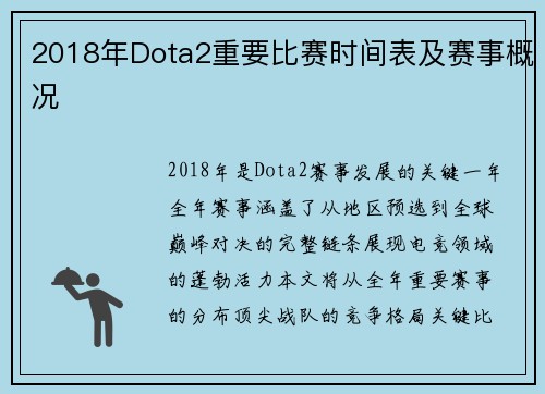 2018年Dota2重要比赛时间表及赛事概况
